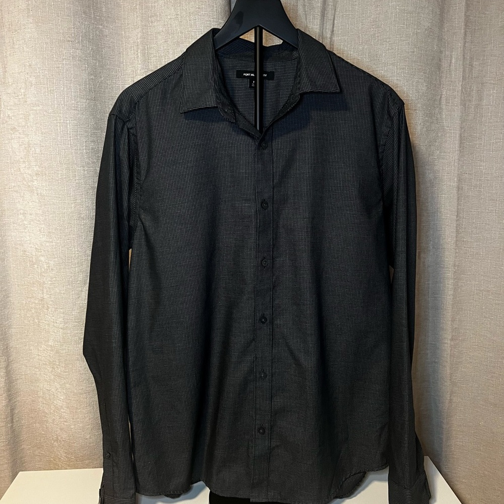 Boys long sleeve dark grey button down. size medium.